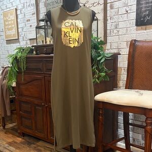 Calvin Klein Khaki Sleeveless Dress with Gold Logo